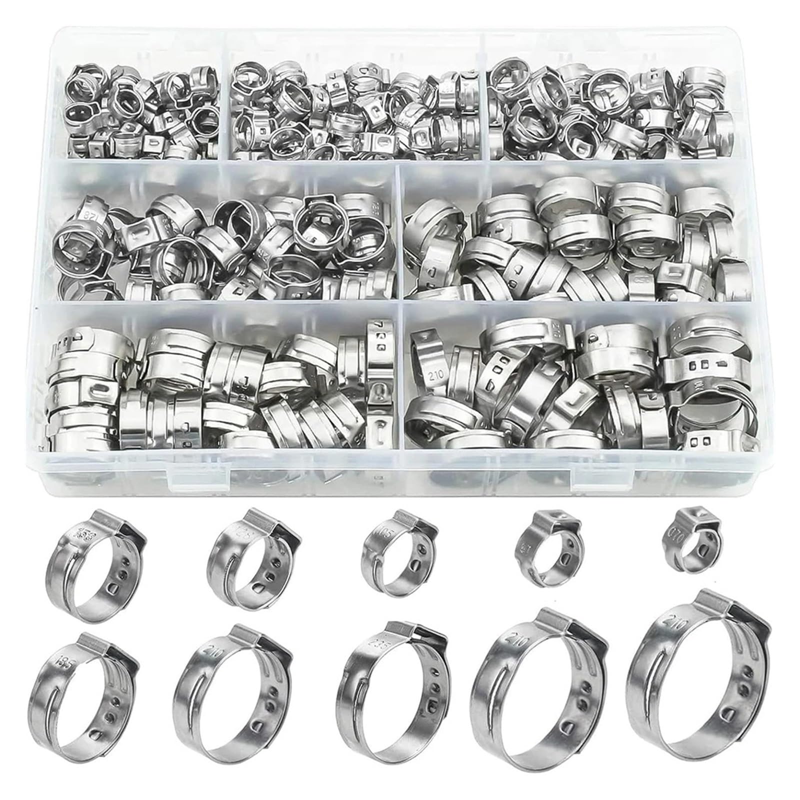 Dpurpiwady One Color 130Pcs 1/4" - 1" Single Ear Hose Clamps Pex Cinch Clamps Stainless Steel Stepless Cinch Rings Crimp Hose Clamps Assortment Kit