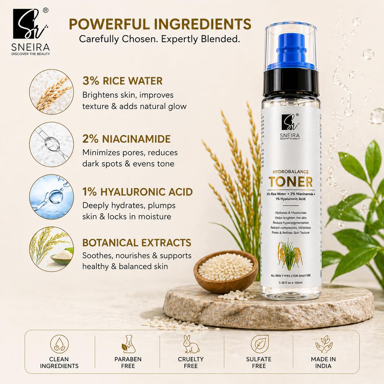 Hydrobalance Face Toner - 300ml Hydrating Face Mist with 3% Rice Water, 2% Niacinamide & 1% Hyaluronic Acid for Glowing Skin - Daily Facial Toner for Men & Women