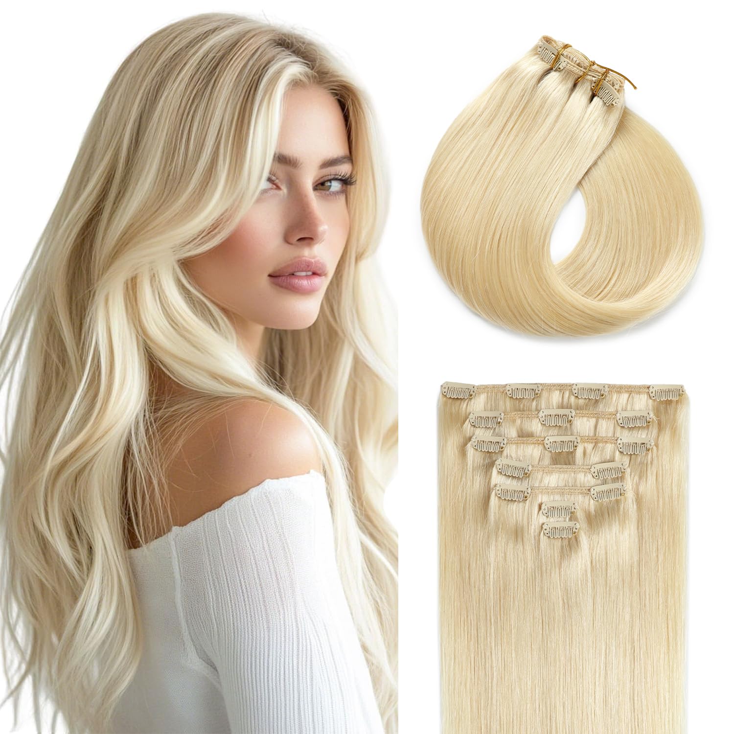 Missme Clip In Hair Extensions Real Human Hair 16 inch 120g 7pcs Double Weft Hair Blonde Clip In Extensions Seamless Invisible Ash Blonde Highlighted Bleach Blonde Hair For Women