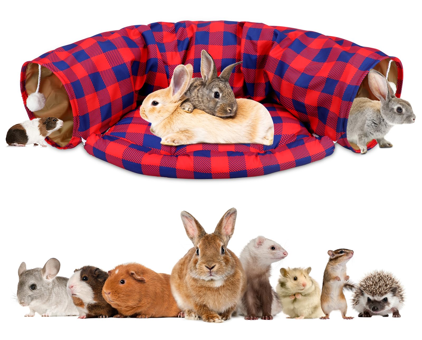 BWOGUE Tunnel lit pour lapin, 2 en 1 - Tunnel pliable avec tapis amovible pour chats, chatons, lapins, cochons d'Inde, chatons (carreaux rouges)