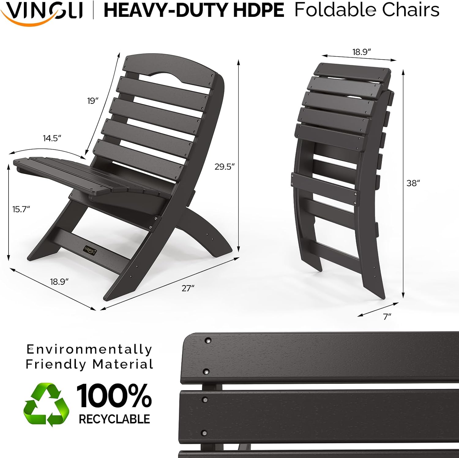 VINGLI Portable Adirondack Chairs Set of 4, Folding Plastic Adirondack Chair for All Weathers, Outdoor Fire Pit Chairs for Patio Poolside Porch Beach, Capacity 350 LBS, Black