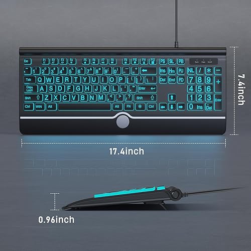 Miniatura 8 de Teclado de computadora retroiluminado con impresión grande, teclados USB con cable de tamaño completo con retroiluminación de 7 colores,