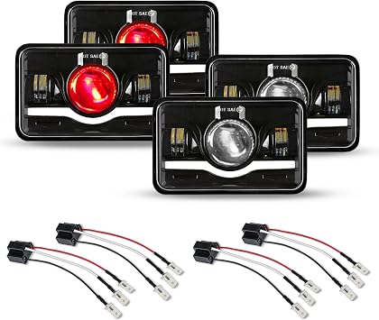 4Pcs 4x6 Inch LED Headlights Dot Approved with Red Devil Eye DRL+4Pack H4 9003 HB2 Wiring Harness Sockets