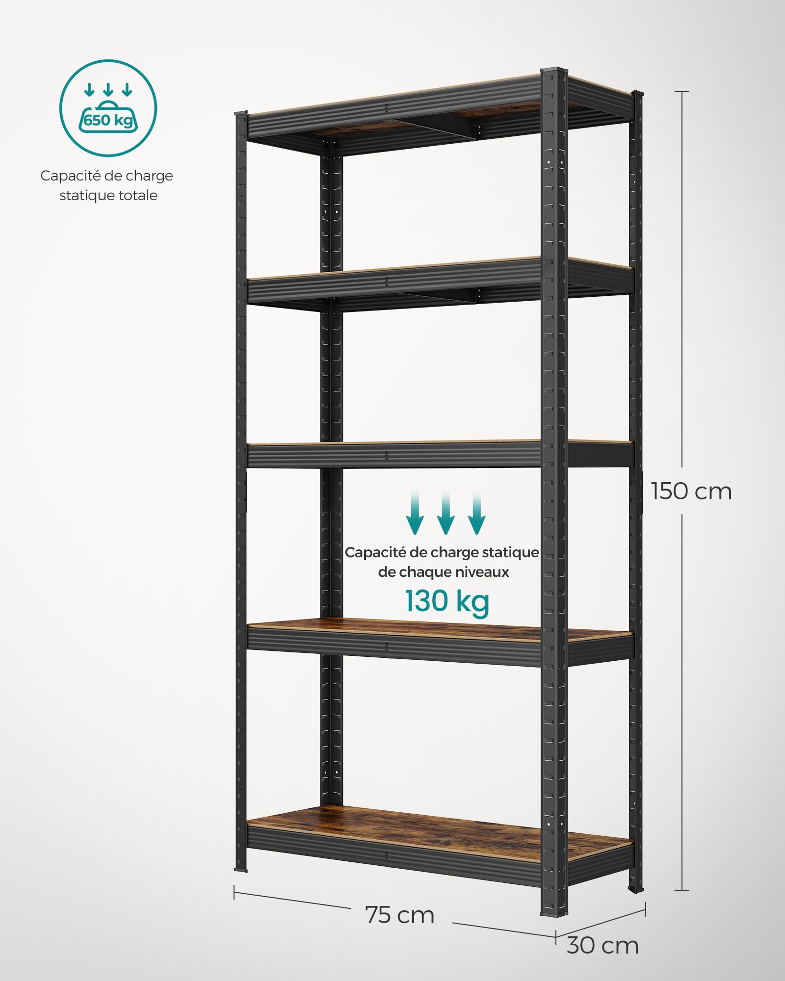 SONGMICS Étagère de Rangement à 5 Niveaux, 30 x 75 x 150 cm, Capacité 650 kg, Planches Réglables, Style Industriel, pour Cuisine, Salon, Marron Rustique et Noir GLR030B01