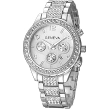 Luxury Unisex Pave Floating Crystal Diamonds Calendar Digital Quartz Watch Business Dress Watch Luminous Pointer with Stainless Steel Link Bracelet (Silver)