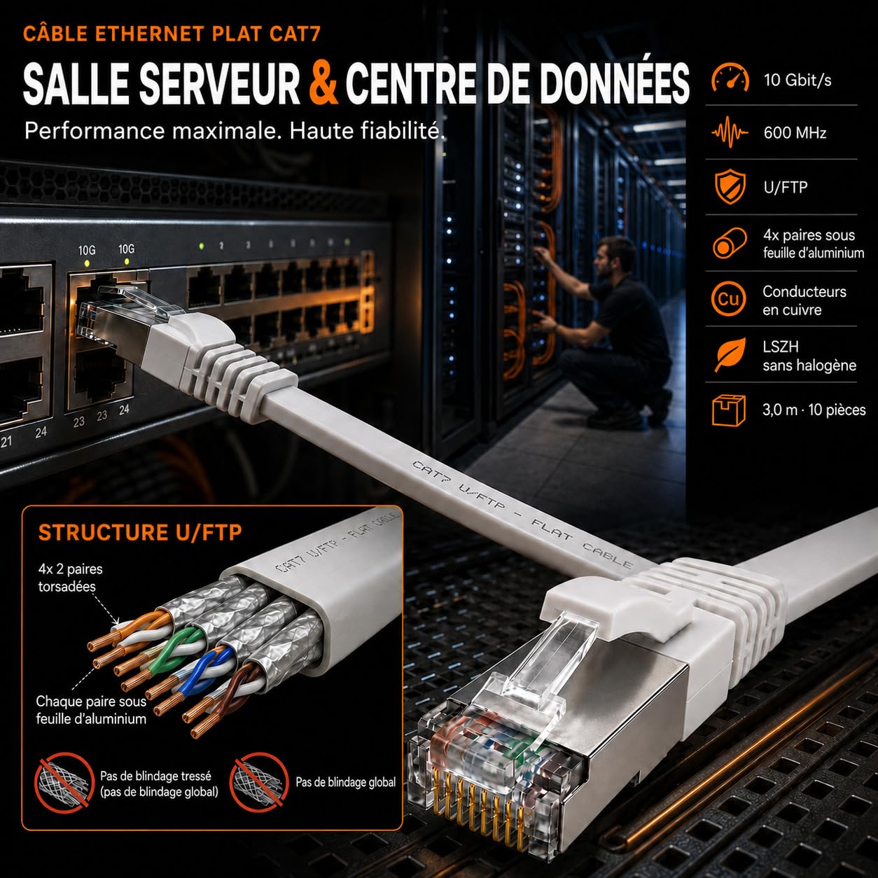 10x Câble Ethernet CAT7 plat 10m U/FTP 10 Gbit/s fiches RJ45 Cat6a rouge | Câble réseau LAN plat, flexible, LSZH pour box Internet, routeur, switch, PC, TV, console, modem, NAS et panneau de brassage.