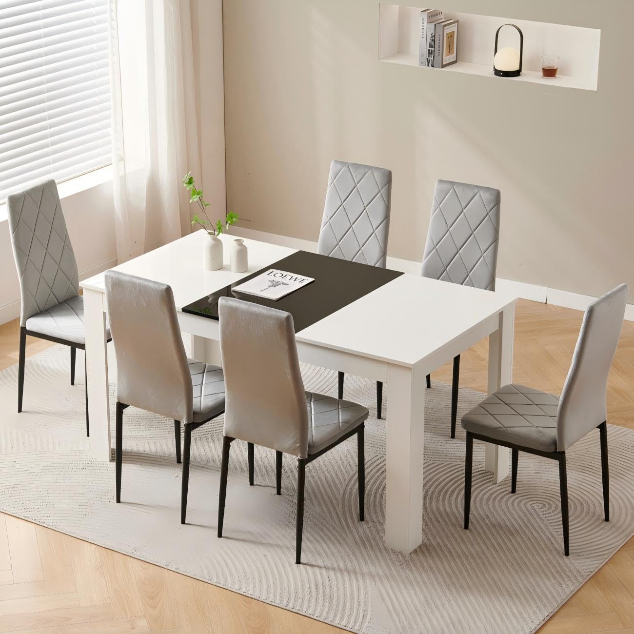 Homullel 150 cm Dining Table and 6 Chairs, 6 Seater Table and Chairs Set, Kitchen Dining Room Set for 6, Compact, Space Saving (Flannel Gray #2, 150cm, 6 Seats)