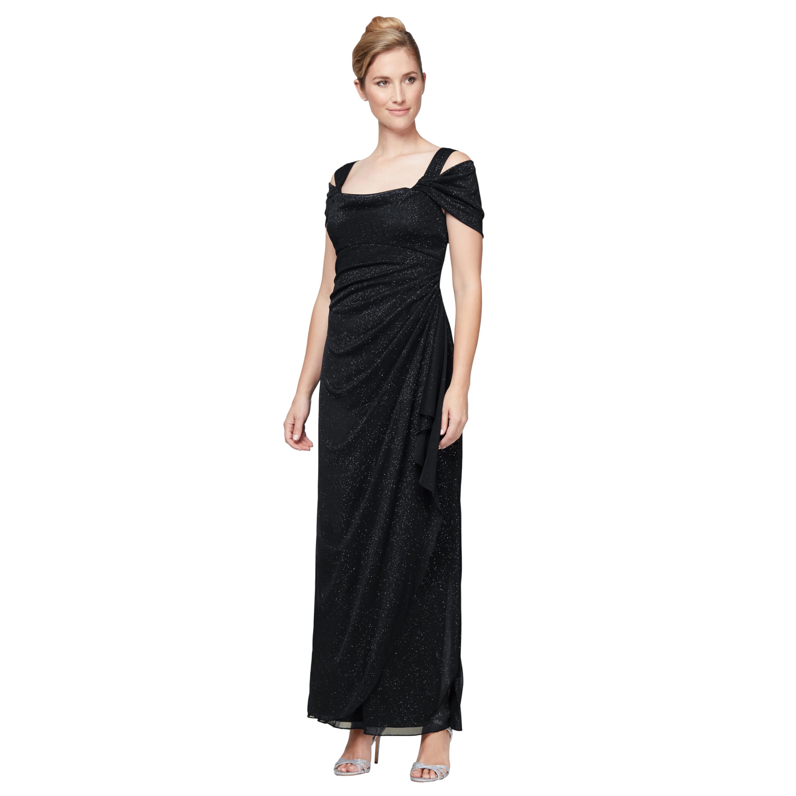 Alex Evenings Women's Long Cold Shoulder Dress, Mother of The Bride, Formal Events, (Petite and Regular Sizes) Special Occasion, Black Glitter, 16