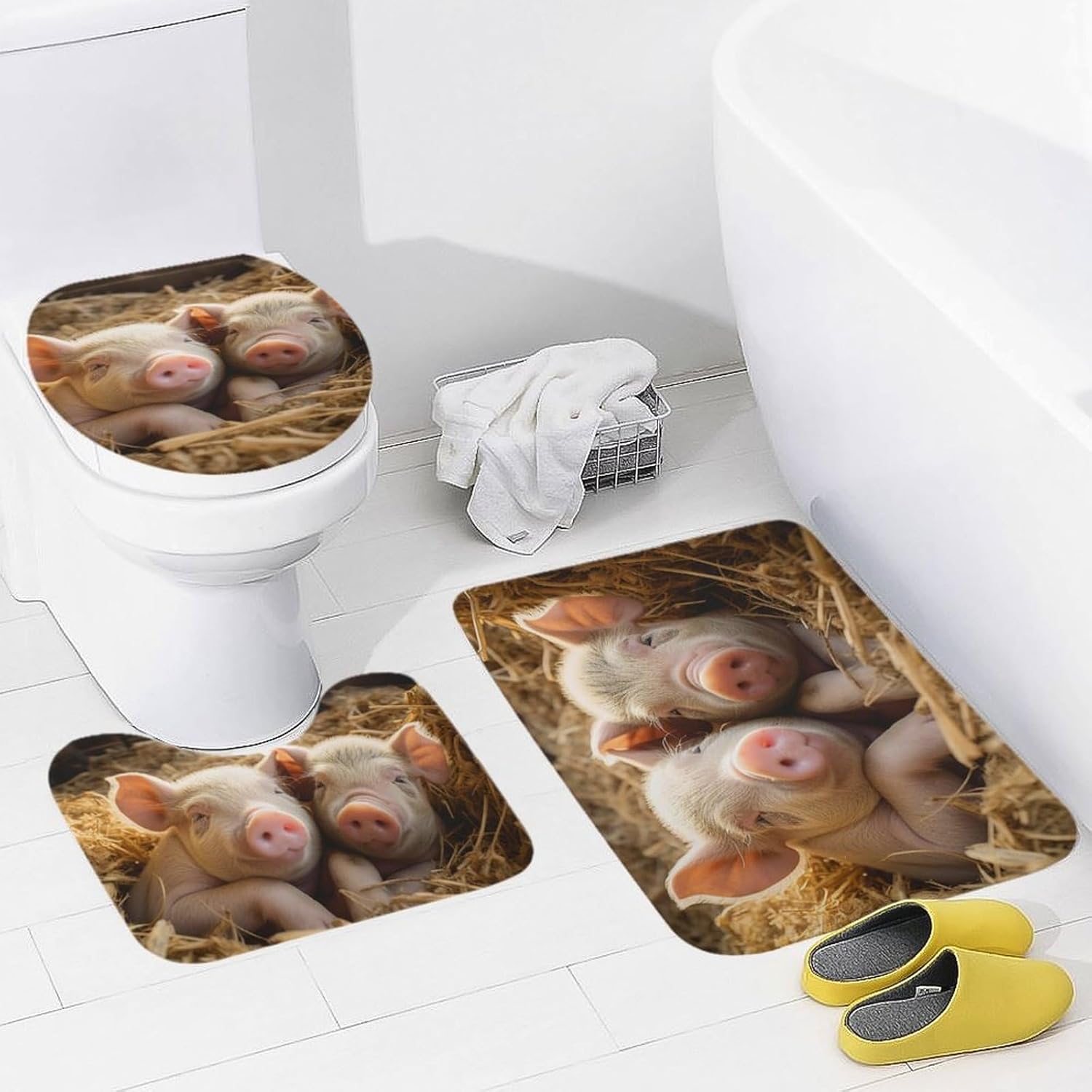 Anti-Skid Floor Mats 3 Piece Set,Pigs Printed Coral Fleece Bathroom Mats U-Shaped Contour Mat Toilet Seat Cover for Bathroom, Tub, Shower, Kitchen 19.7"x31.5"