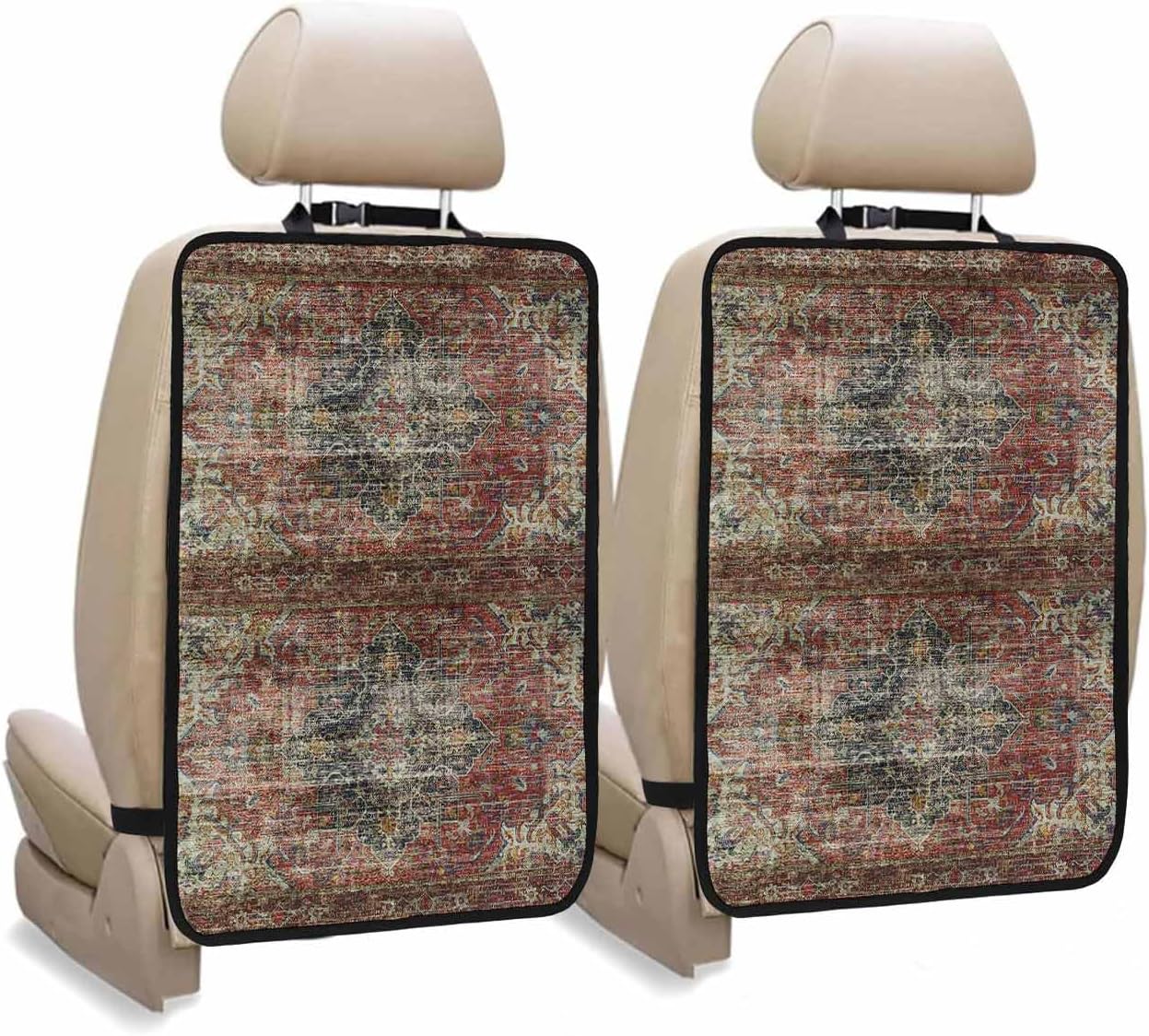 T&H XHome Car Seat Protector, 2 Pack Kick Mats Back Seat Protector Mysterious Retro Totem Flower Printing Art Waterproof Backseat Cover for Kids Universal Fit Automotive Interior Protectors