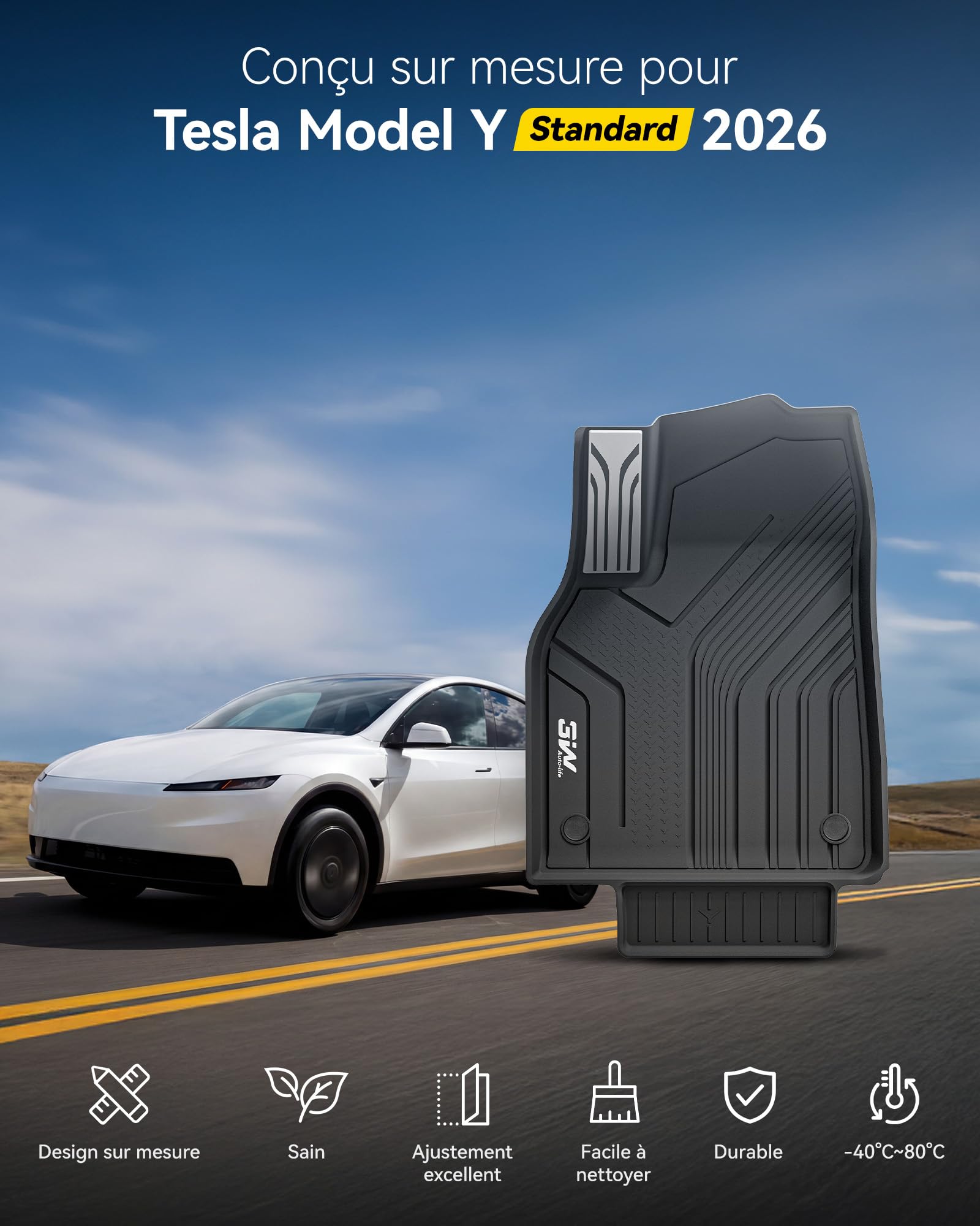 3W Tapis de Sol pour Tesla Model Y Standard 2026 Ensemble de 6 | Tapis Coffre Voiture en Thorex™ Premium, Toutes Saisons, Antidérapant et Imperméable, Accessoires