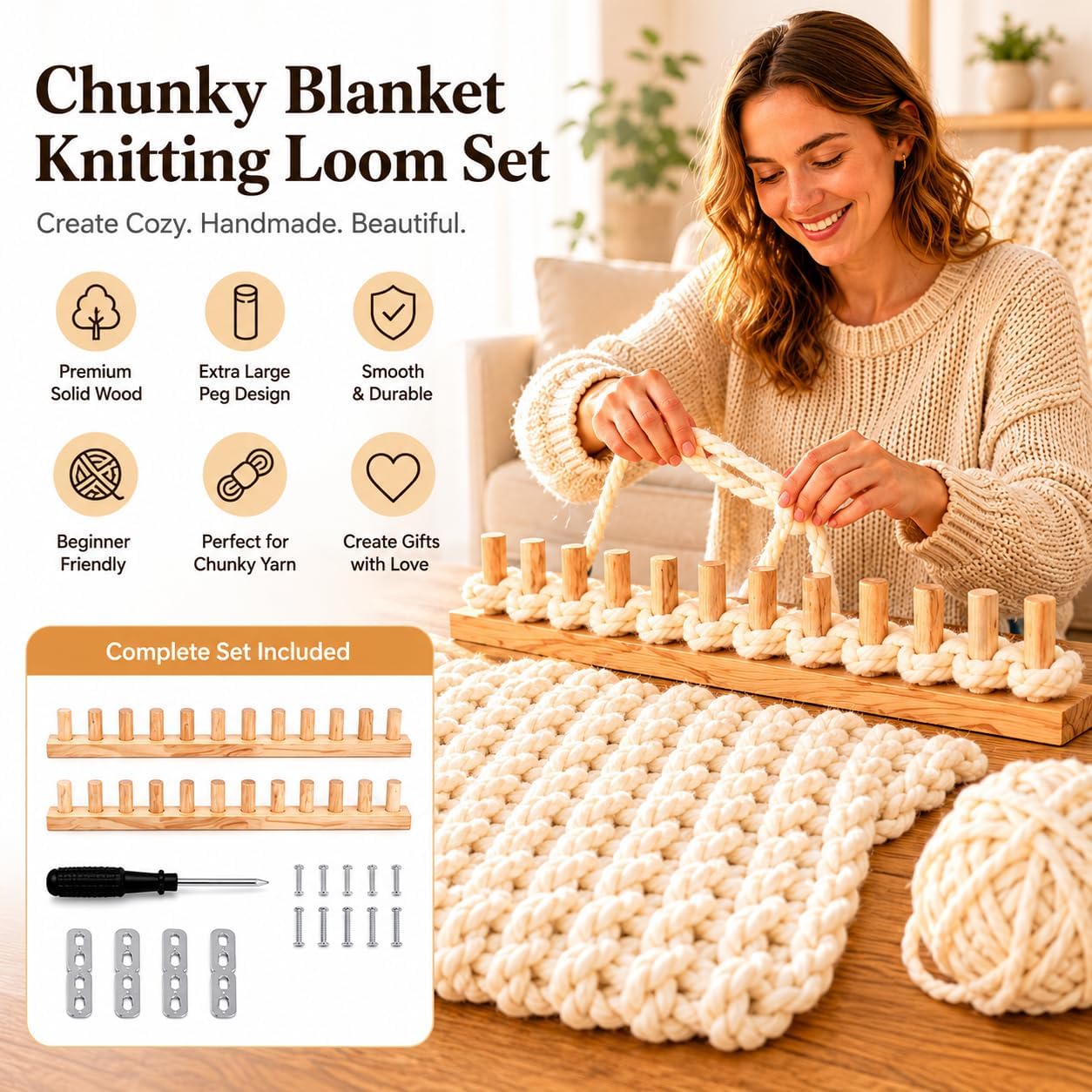 70'' Chunky Knitting Blanket Loom, Adjustable Wood Knit Loom with Detachable Modules, Portable Hand Weaving Loom Kit for Beginners, DIY Yarn Craft Tool for Home & Trave (70 inch)
