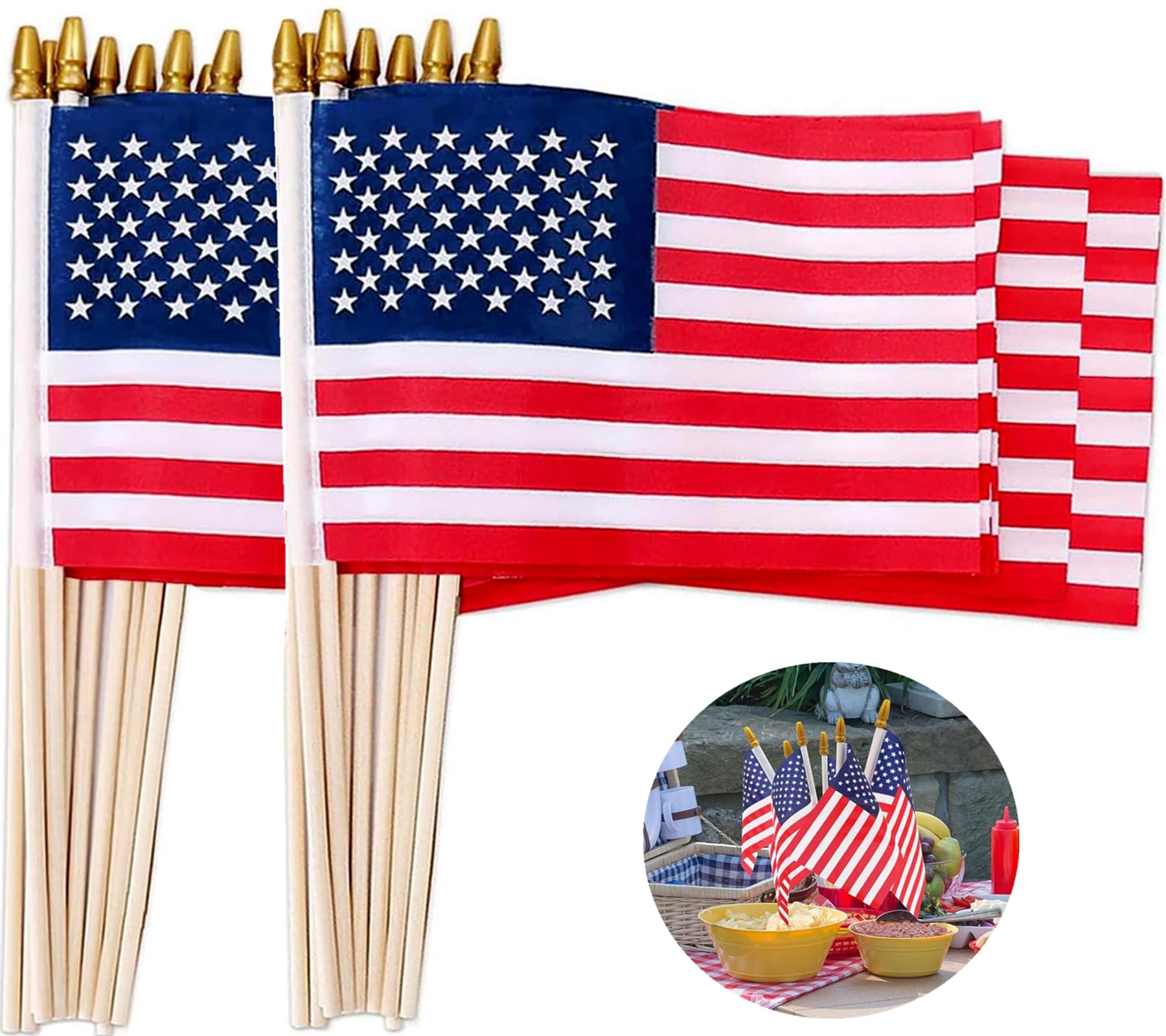30Pcs 5x8 Inch Small American Flags on Stick US Wood Stick Flags with Kid-safe Spear Top American Flags for Outside 5x8″ Memorial Day, 4th of July