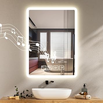 Bluetooth Bathroom Mirror with LED Lights 50x70cm,Light Up Bathroom Mirror with Anti-fog,Wall Mounted LED Mirrors with Touch Switch,3 Colours,Dimmable,Time Display,Memory Function