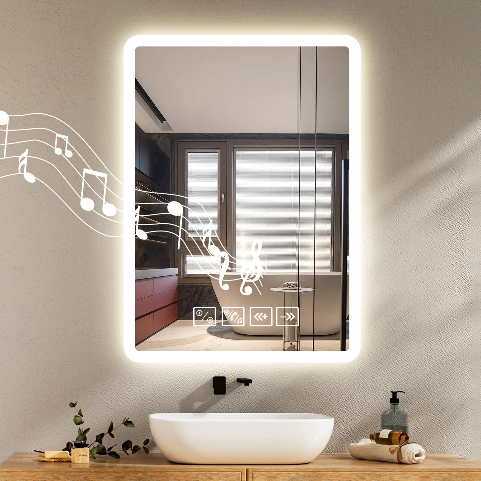 Bluetooth Specchio Bagno con Luce 50 x 70 cm,Specchio Bagno LED con Antiappannamento,Specchiera da Bagn𝐨 c𝐨n Dimmerabile,3 Colori Luce,Interruttore Touch,Funzione Memoria