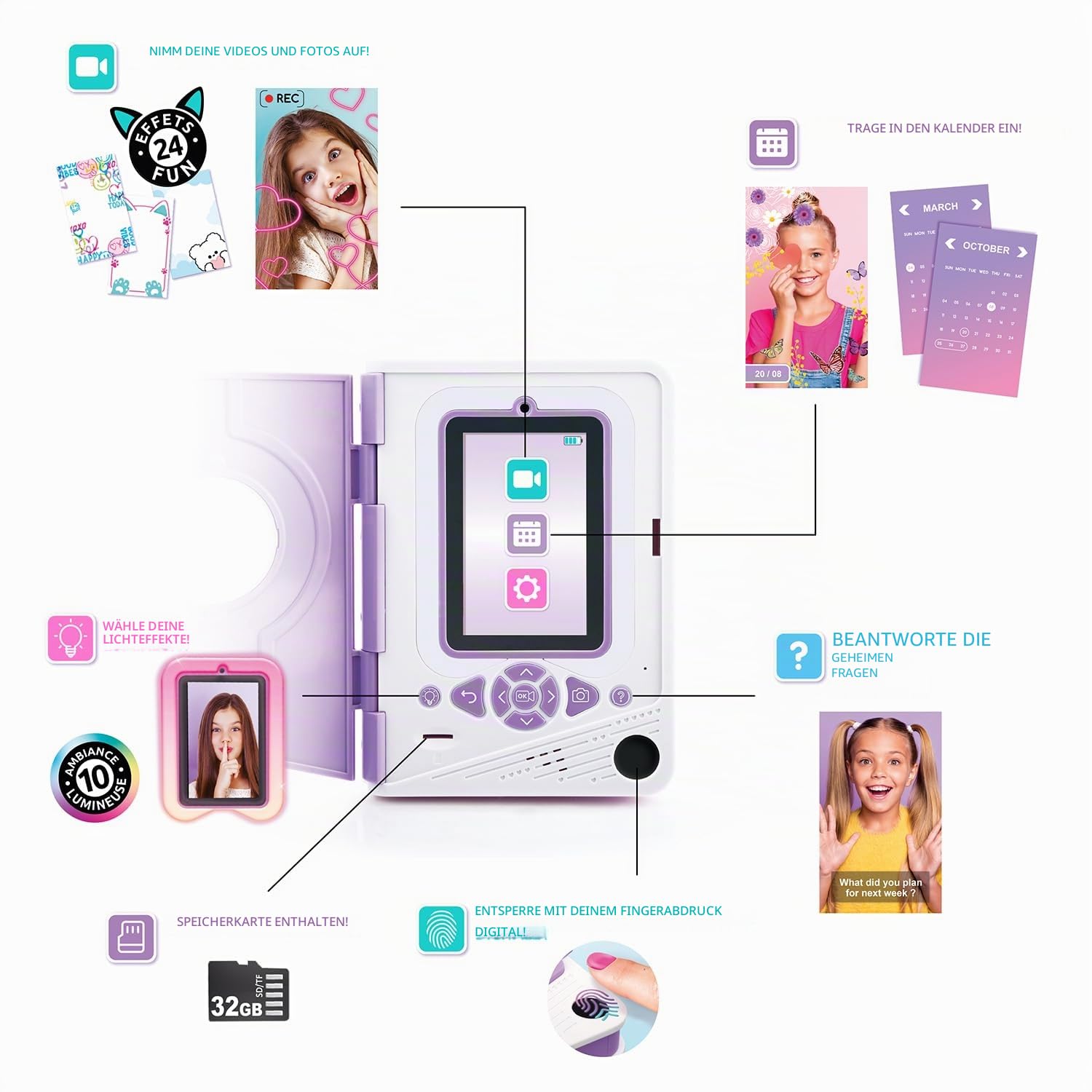 Canal Toys - Geheimnisvolles Videotagebuch für Kinder Lila - Halte Deine Geheimnisse auf Video und Fotos fest - Geschenk für Kinder ab 7 Jahren - Fingerabdruck - 24 Effekte - 32 GB - LED - INF 043
