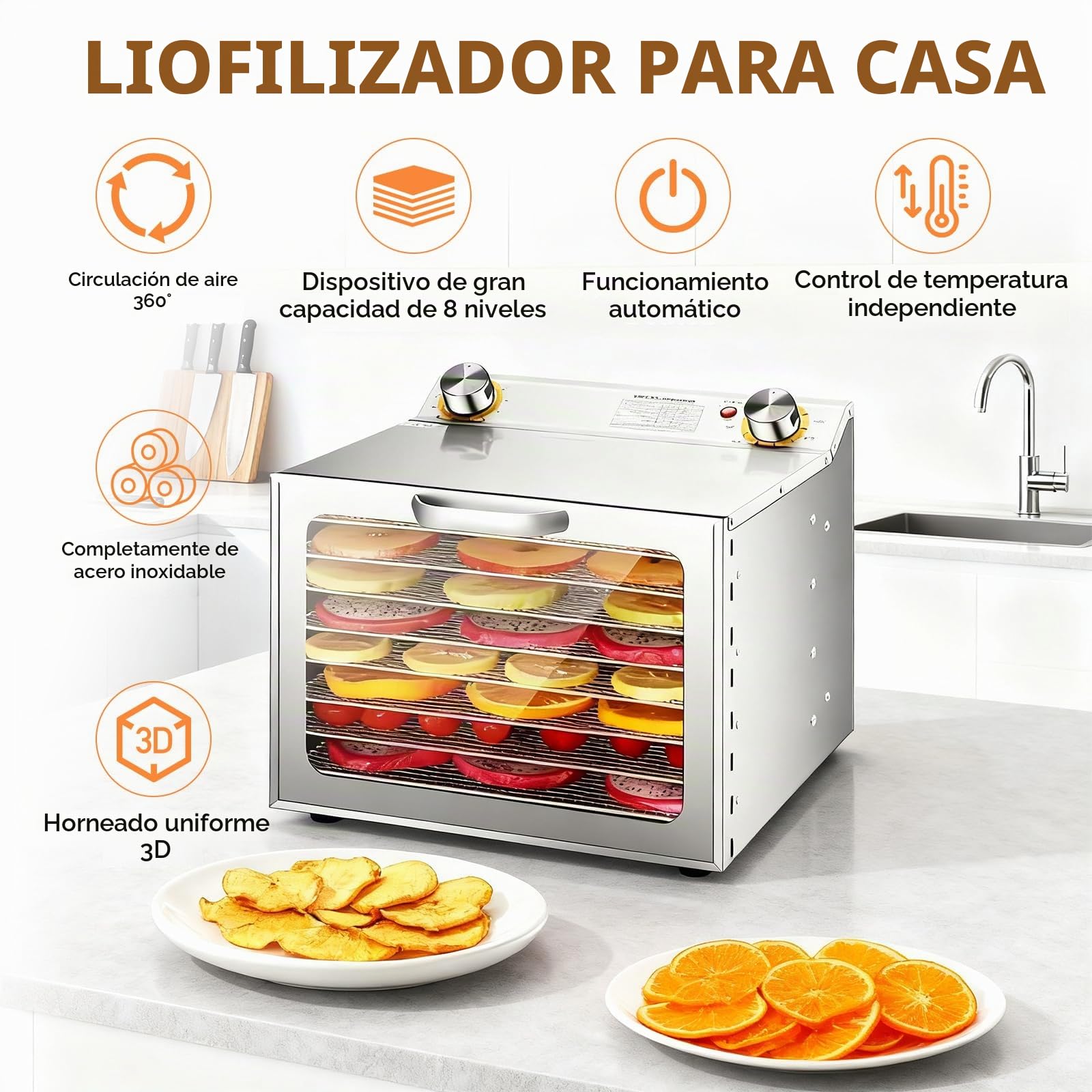 Deshidratador de Alimentos,Deshidratadora de Frutas,Inox Deshidratadora,8 Bandejas De Acero Inoxidable,Control de Temperatura 35-90°C,Con Temporizador,para Frutas, Carnes, Verduras