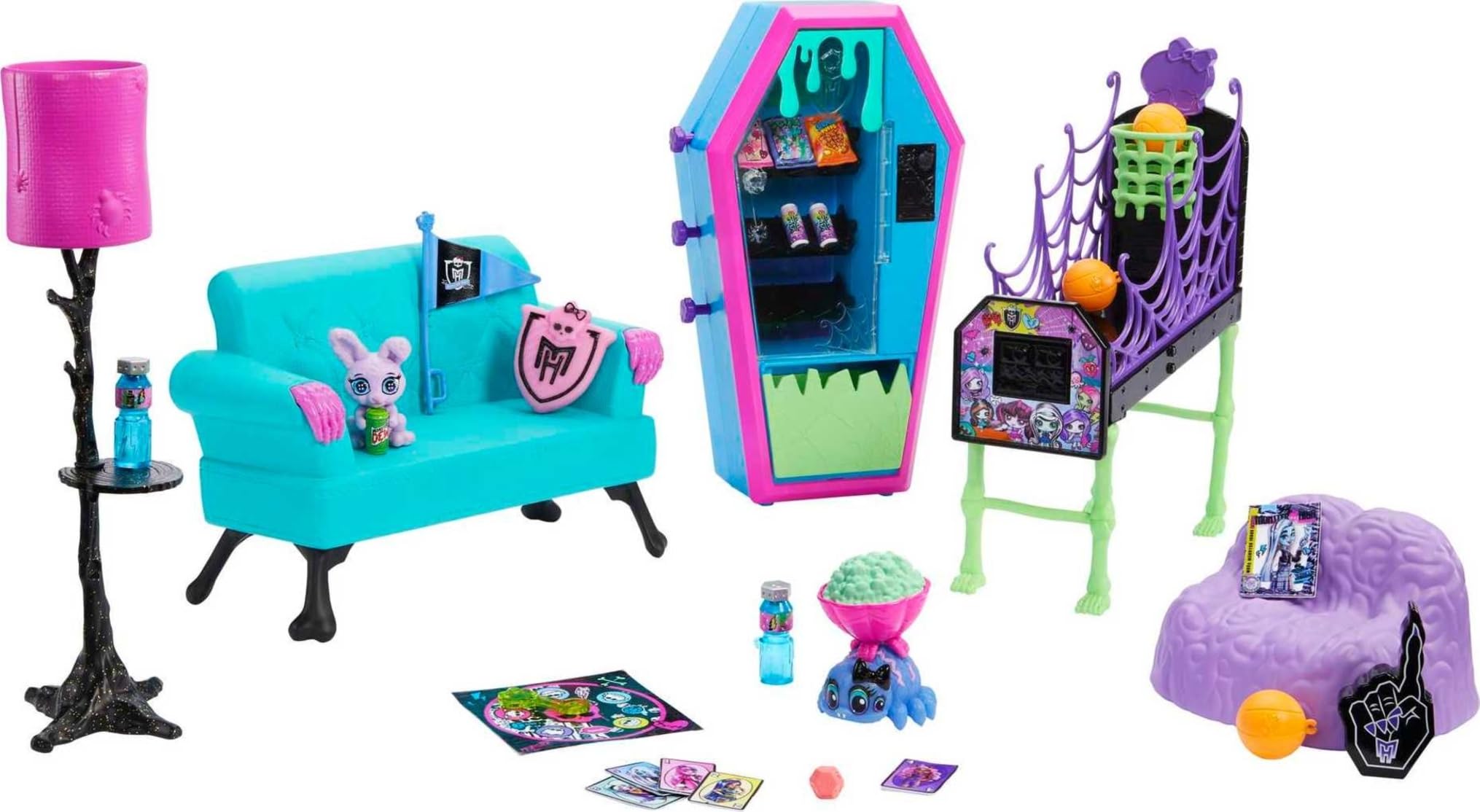 Monster High Student Lounge Playset with Dollhouse Furniture and Theme Accessories with 2 Pets and Vending Machine