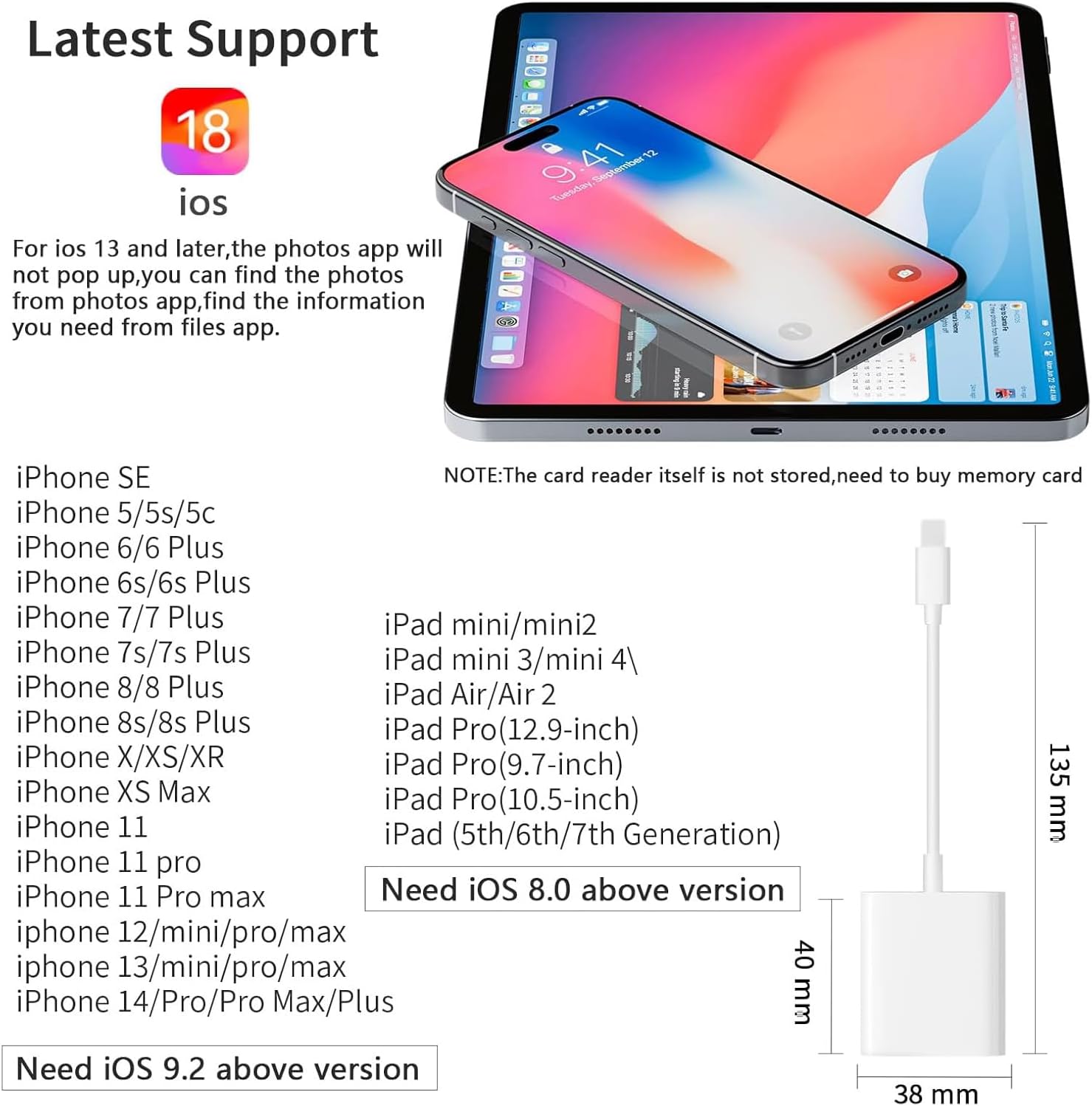 Leitor de cartão SD/Micro SD para iPhone/iPad/câmera, compartimento duplo para cartão suporta leitor de cartão de memória portátil SD e TF monitor de câmera SD Cartão Adaptador de