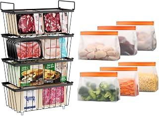 iSPECLE Freezer Organizer Bins and Freezer Bags - 4 Pack Stackable Freezer Bins for 7 Cu Ft Chest Freezer and 6 Reusable Freezer Bags BPA-Free with Stand-Up Bottom, Bundle Sales