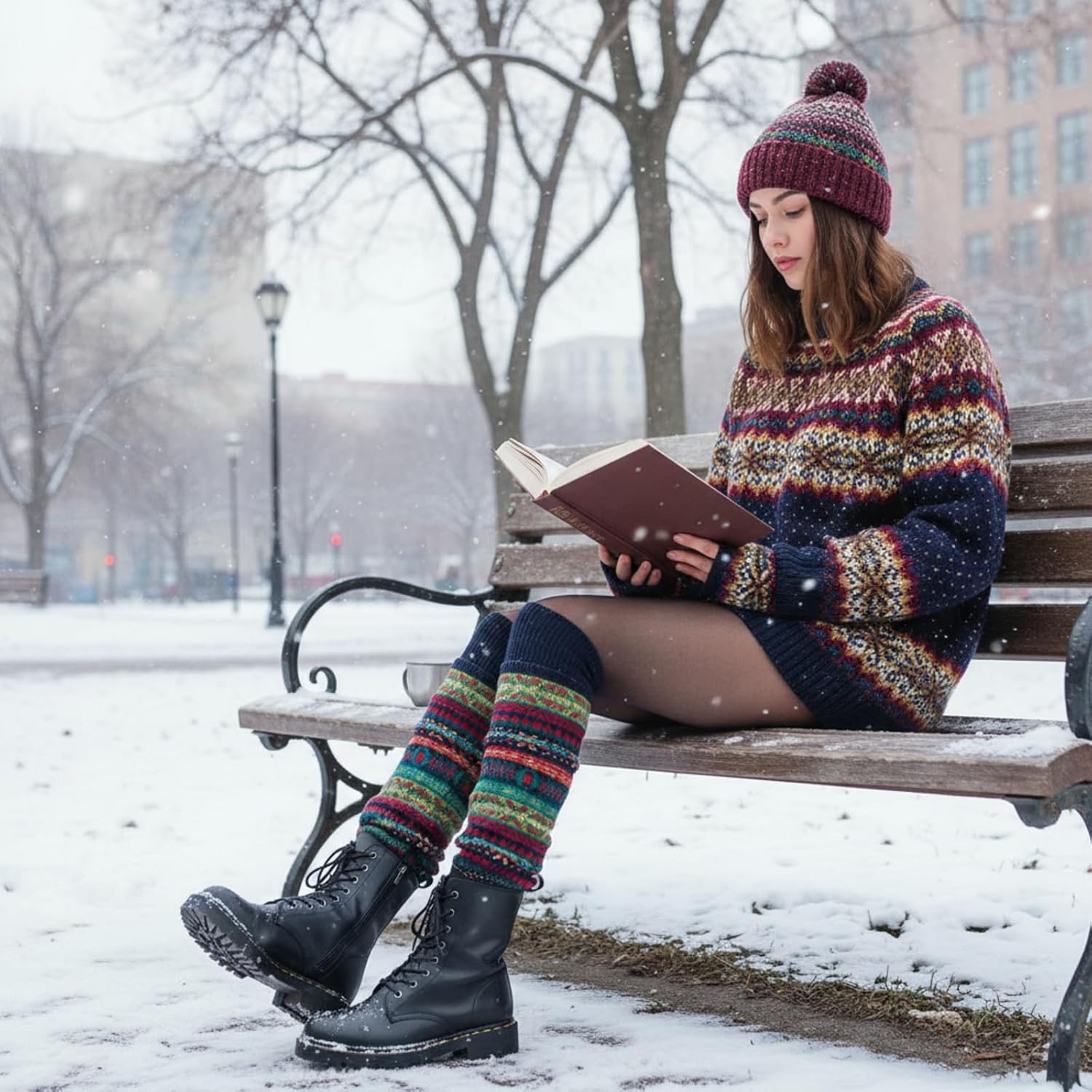 SATINIOR 2 Pairs Leg Warmers for Women Wool Leg Warmers Bohemian Winter Long Knit Boot Cuffs Socks for Women(Black, Navy Blue) - Image 4