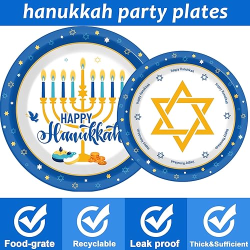 Miniatura 4 de Tevxj Juego de vajilla de Hanukkah de 96 piezas, platos y servilletas de Janucá, decoraciones de vajilla de papel desechables, suministros de fiesta
