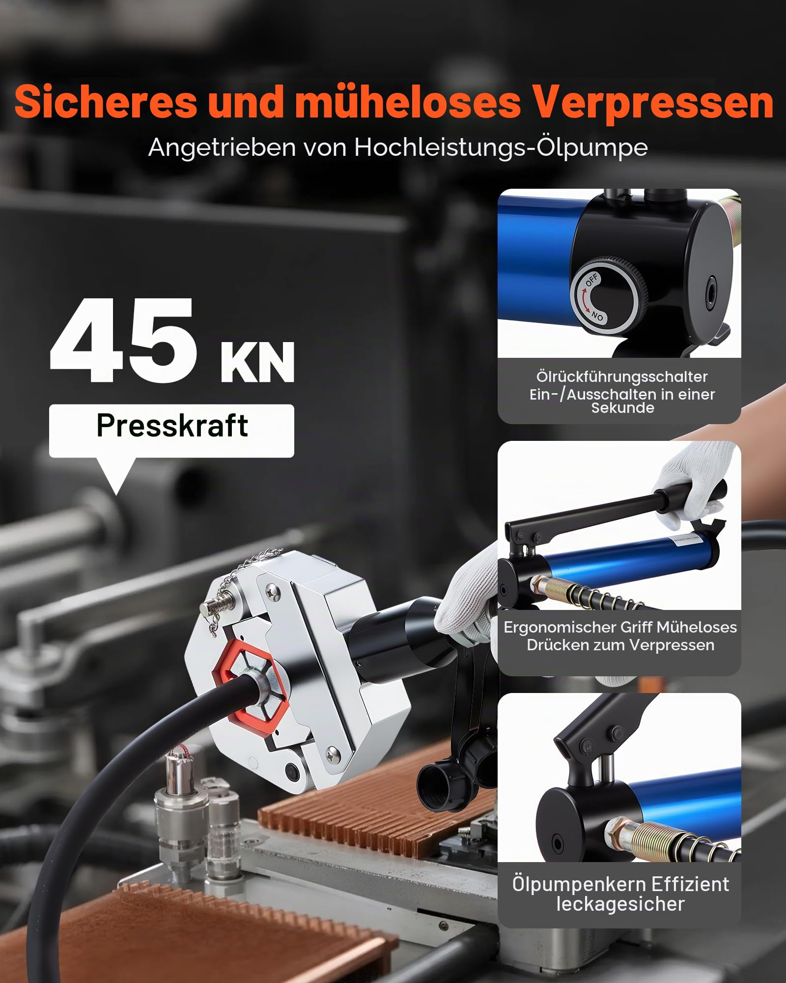 VEVOR Hydraulikschlauch-Crimpzange, Hydraulikschlauchpresse mit 7 Snap-On-Einsätzen & Tragekoffer, für Klimaanlagenschläuche zur Reparatur von Fahrzeugen & Klimaanlagen (mit Handpumpe)