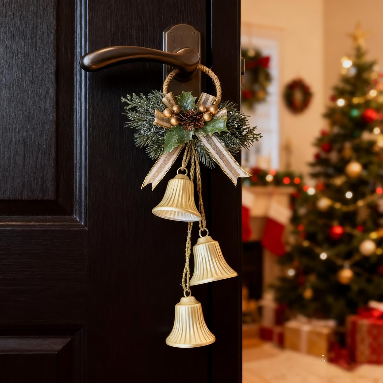 Christmas Bells Gold Decorations Hanging - Rustic Xmas Bells Cow Decor Decorative Vintage Antique Crafts for Front Door Porch Wreath Mantle Greenery Farmhouse Garland Stair Rail Holiday, 3pcs