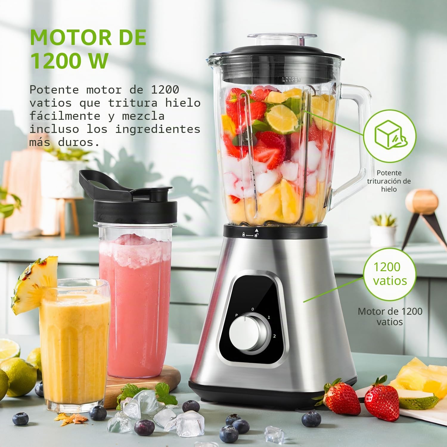 GDOR Batidora de Vaso 1200 W Cristal 1,5 L+ Botella Portátil Licuadora Porfesional, 3 Velocidades, 6 Cuchillas + 4 Cuchillas de Acero Inoxidable para Batidos, Zumos de Frutas, Pilar de Hielo