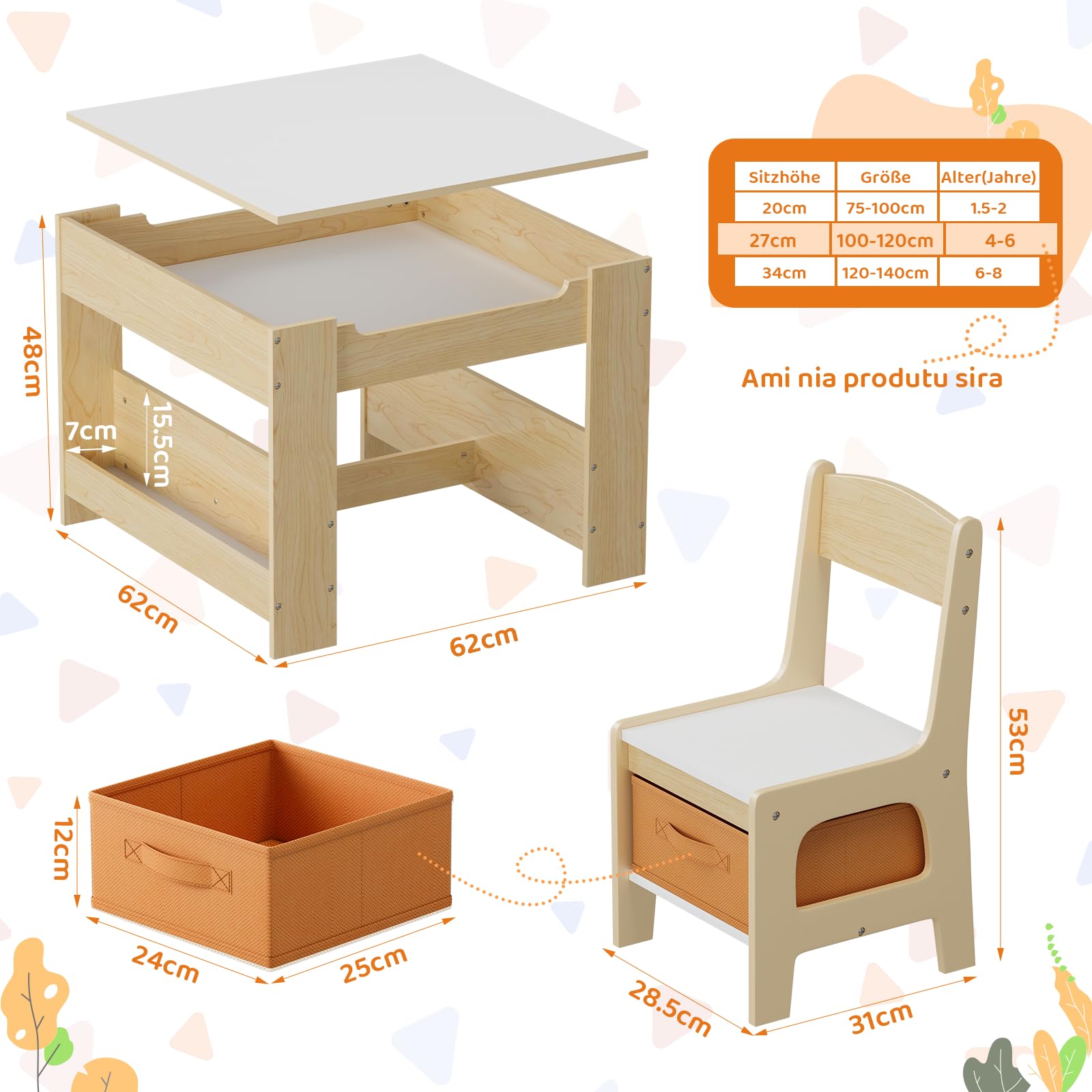 MAMIZO Kindertisch mit 2 PCS Stühlen, 3 in 1 Kinder Tisch Stuhl Set, Kindermöbel Set aus Holz mit Stauraum & Bücherregalen, Spieltisch & Aktivitätstisch, Maltisch, von 3-7 Jahren, Holzfarbe