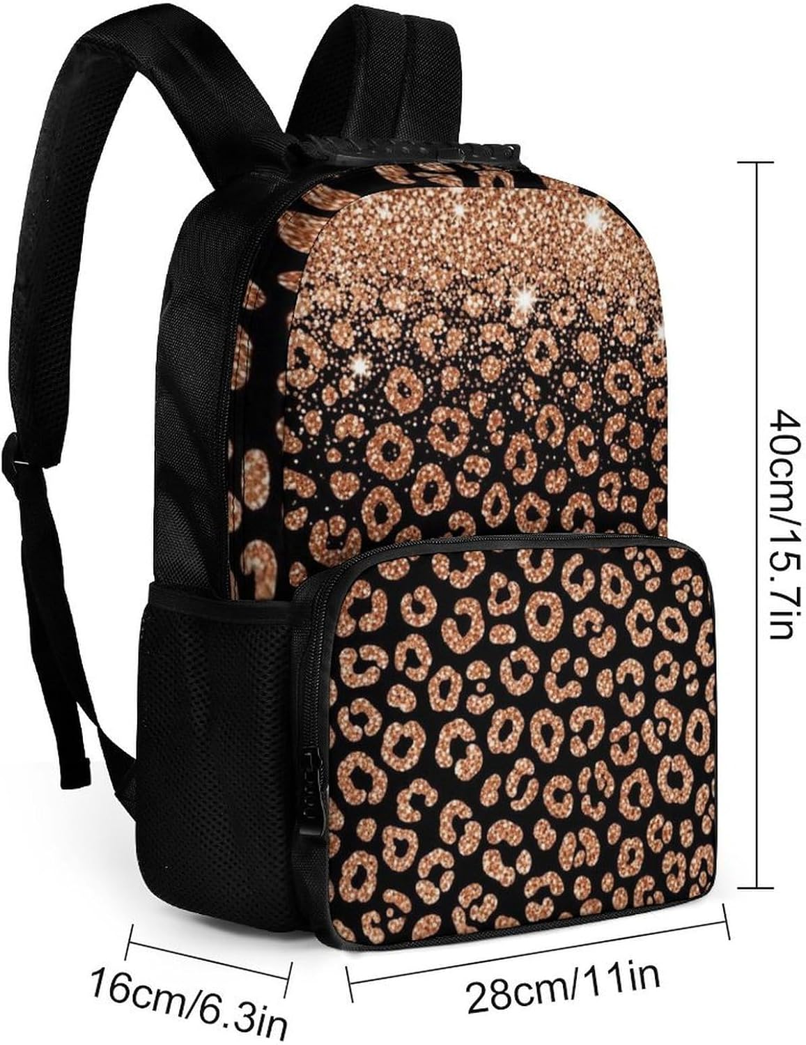 Supdreamc Rose Gold Glitter Black Cheetah Leopard Print Rucksack Polyester Anti-Theft Multipurpose Bookbag Big Capacity Travel and Sport Backpack Rucksack With Side Pockets