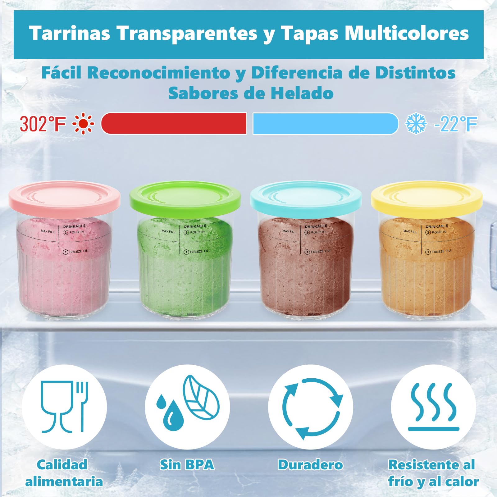 Set 4 Vasetti Per Gelatiera Ninja CREAMi - Barattoli Con Coperchi Colorati, Senza BPA, Lavabile In Lavastoviglie - Foto 3