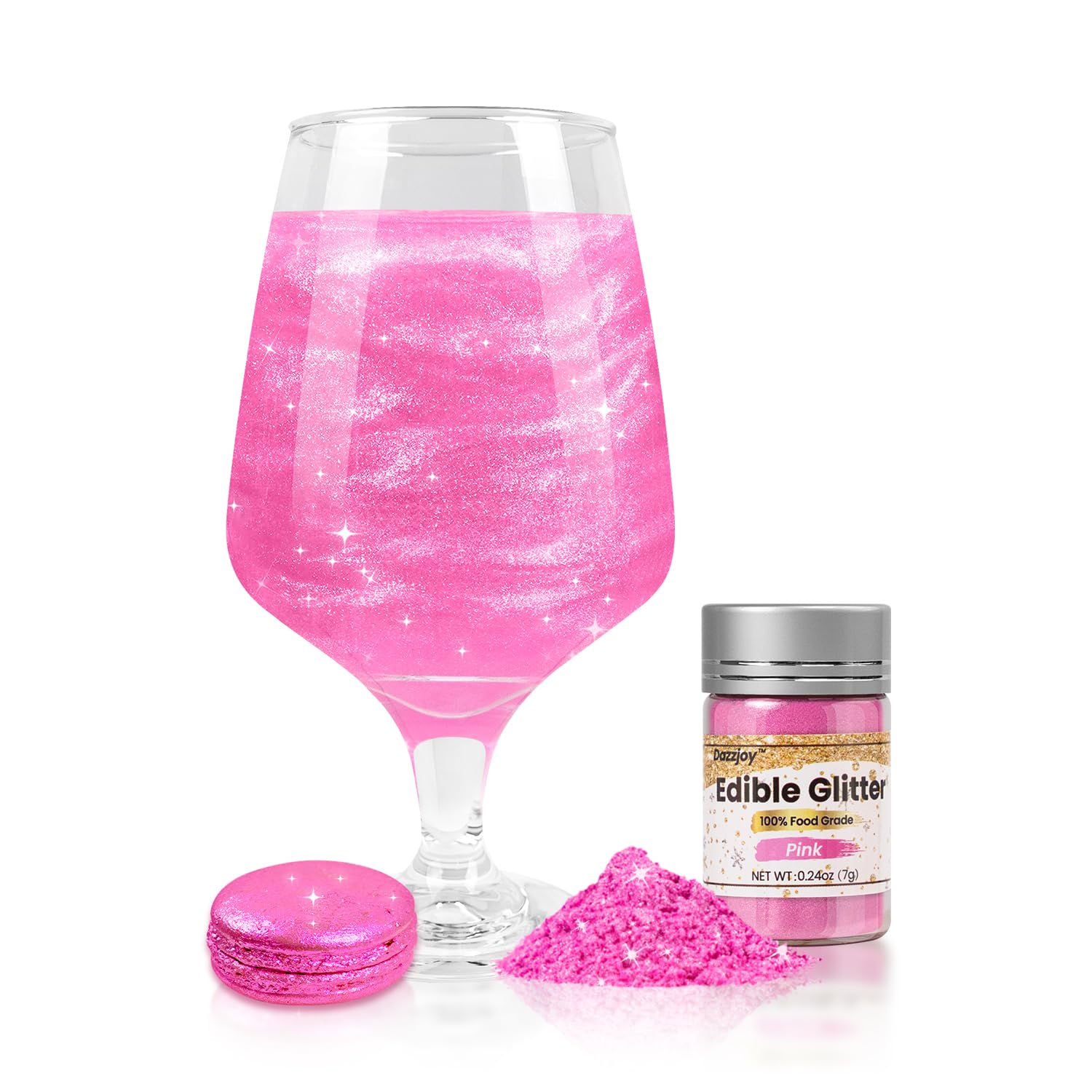 Dazzjoy Pink Edible Glitter for Cocktails, Food Grade 7g, Kosher, Shimmer Edible Glitter For Drinks, Decorating, Cupcake, Cookies, Baking