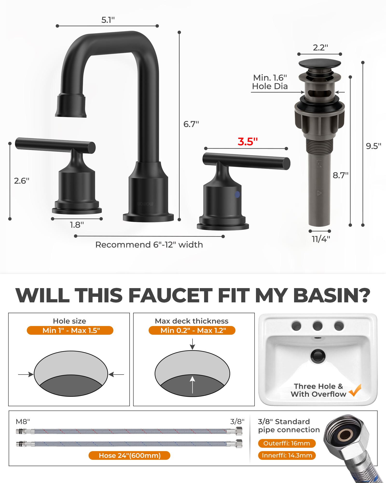 WOWOW Black Bathroom Faucet 3 Hole, Widespread Vanity Sink Faucets 8 Inch — Amazon image 8