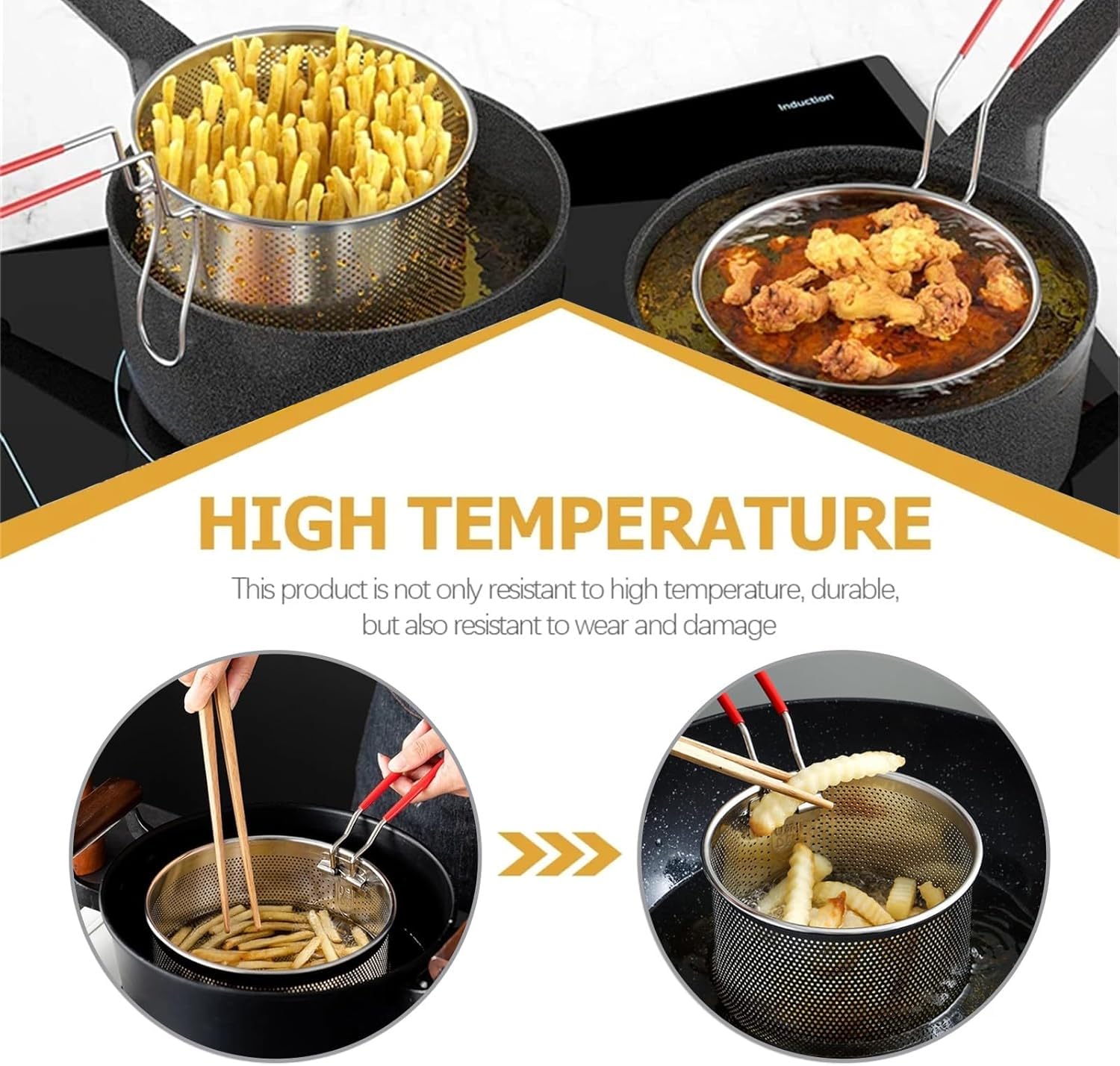 Cesta para Freír de Acero Inoxidable 20 cm,Cesta para freír para patatas fritas,Cestillo para Freír con Mango Plegable y Enganches para la Sartén,Cesta Freidora Redonda,Escurridor