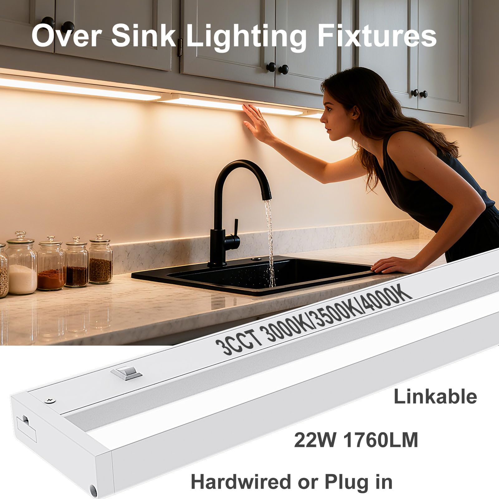 Luci indirette a LED da 36 pollici, 3 impostazioni di colore, 3000 K/3500 K/4000 K, illuminazione indiretta sotto armadietto, collegabili, luci da banco per cucina, elencate ETL