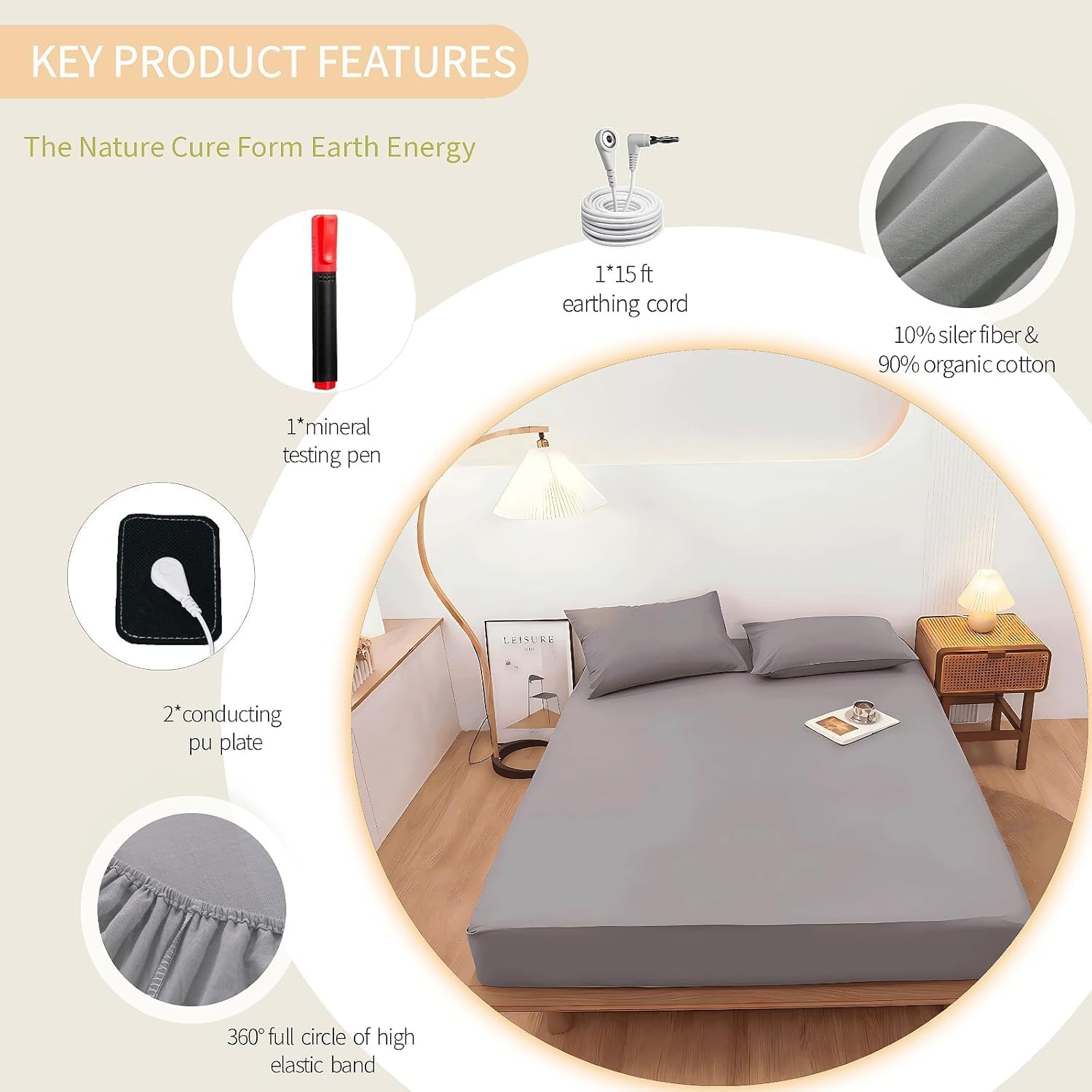 Grounding Fitted Sheet with Grounding Cord and Earthing Product Test Pen 90% Organic Cotton & 10% Silver Fiber for Promotes Relaxation & Enhance Sleep Comfort (Twin-XL)