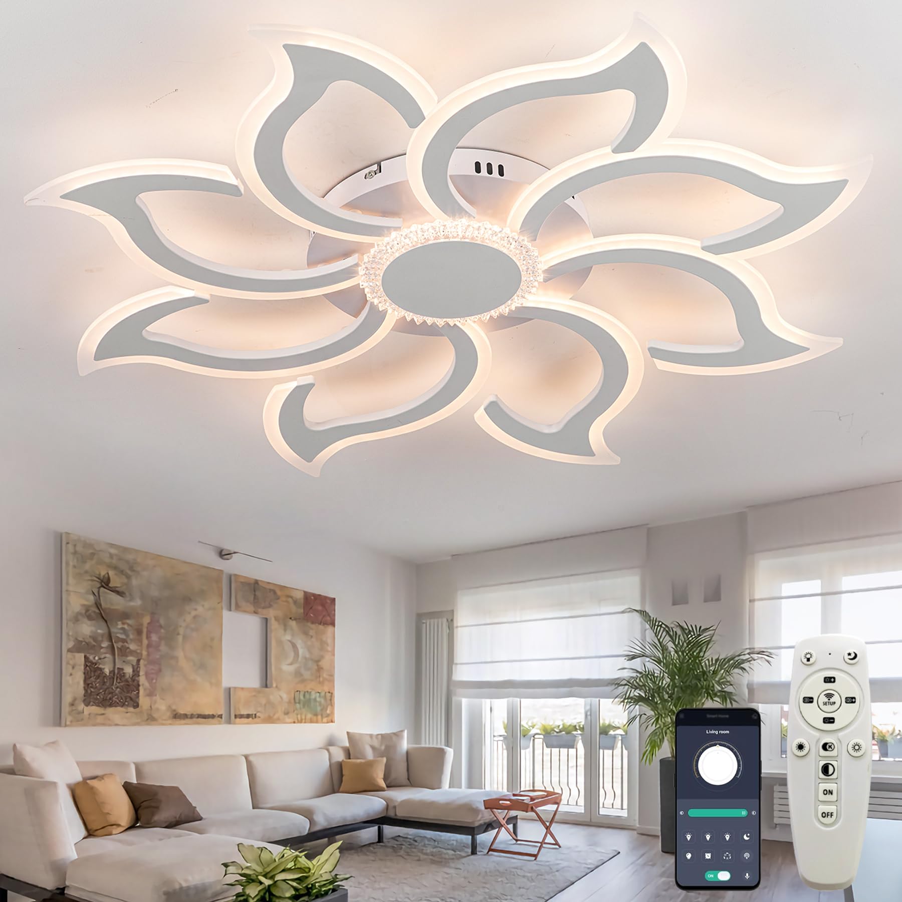 Dobecd Flower Ceiling Light Modern Design Smart Chandelier Dimmable Memory Function with Remote Control Ceiling Lamp Bright Living Room Ceiling Lighting with App Led Acrylic Lampshade for Halls