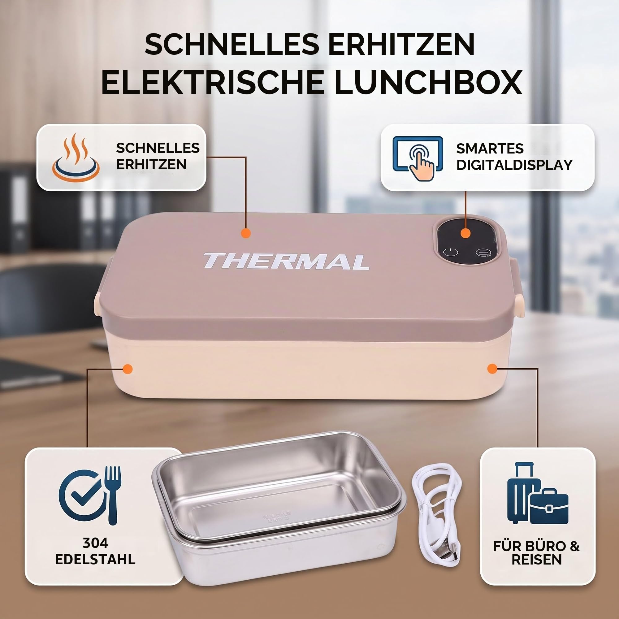 Zerodis Lunch-Wärmer-Box, Elektrischer Tragbarer Lebensmittelheizer mit Edelstahlbehälter, Intelligente Digitalanzeige, 7200 MAh, Wiederaufladbar, Schnelle Erwärmung für Reisen Im