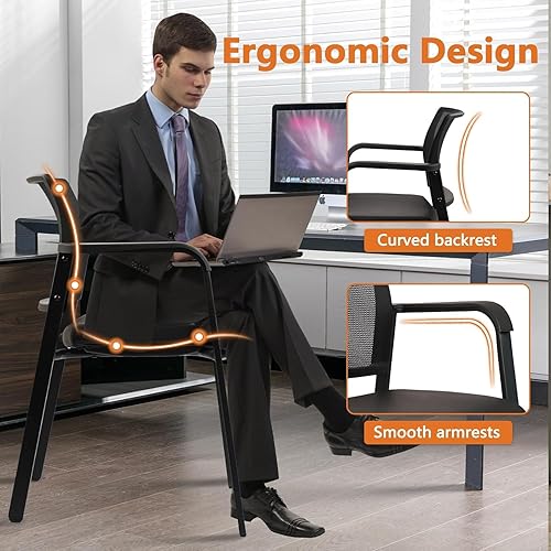 Miniatura 123 de CLATINA Silla de sala de espera negra con ruedas y respaldo de malla apilable con asiento de tela tapizado y soporte lumbar ergonómico para oficina