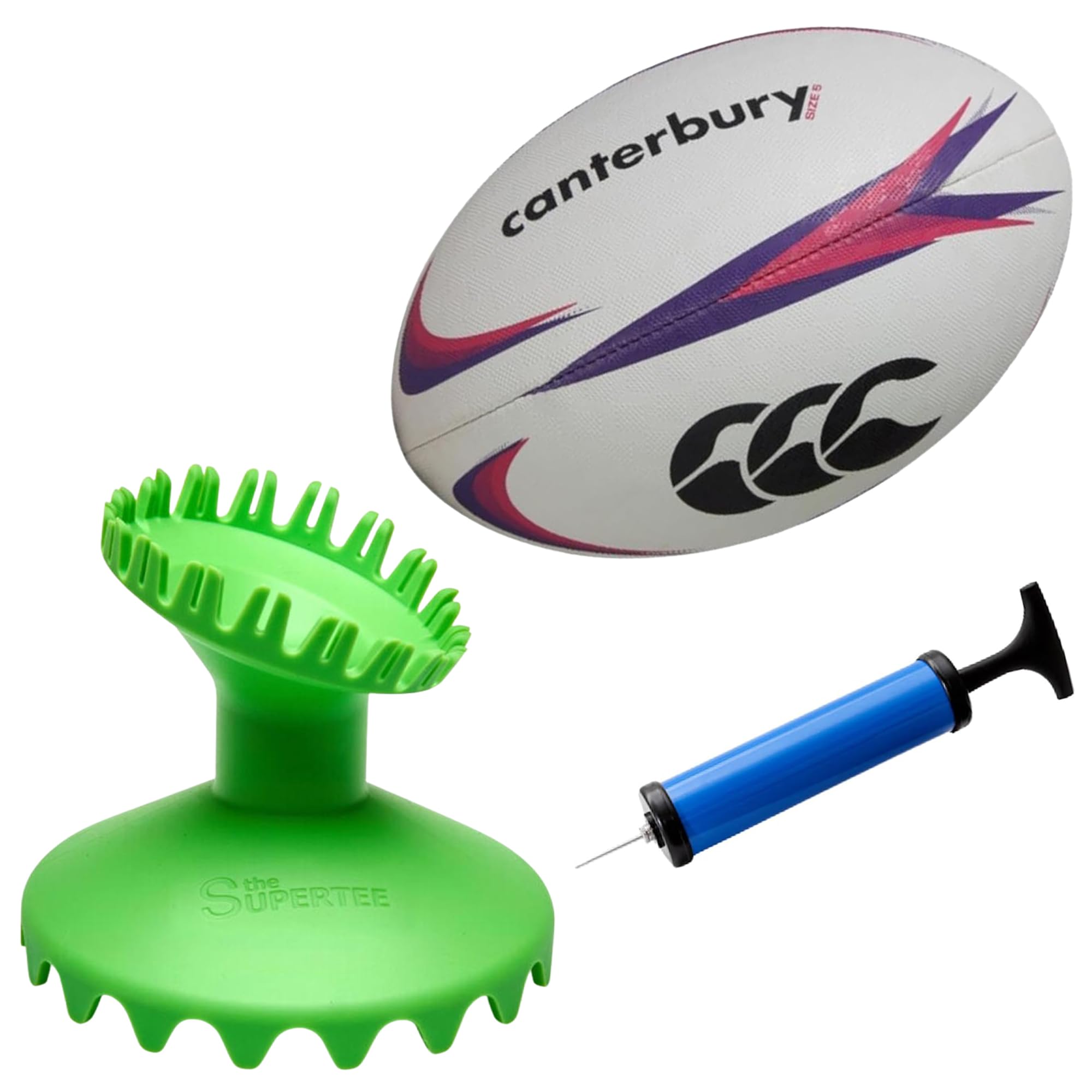 Dan Carter King Supertee Rugby Kicking Tee Training Equipment Bundle - Professional Rugby Kicking Tee with Canterbury Size 5 Ball & Pump - Complete Practice Kit for Matches & Traning