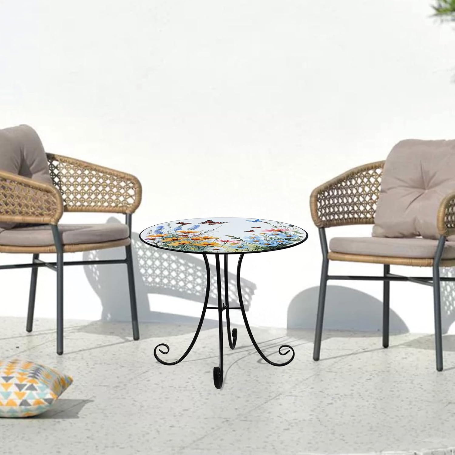 VEWOGARDEN Outdoor Side Table, 18" Weather Resistant Metal End Table with Butterfly and Flower Design for Patio Porch Garden Balcony Yard