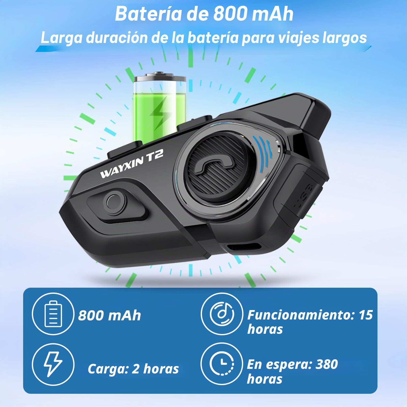 T2 - Auriculares de moto con intercomunicador, sistema de comunicación para 2 personas en un alcance de 300 m, con asistente de voz, manos libres, control de llamadas de música (2 unidades)