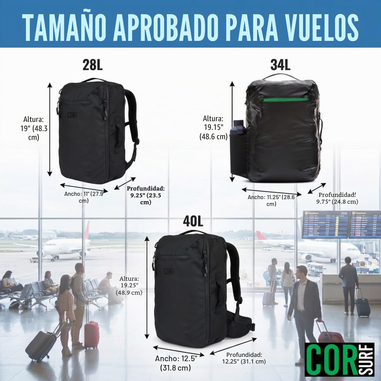 COR Surf The Island Hopper - Mochila de viaje en tamaño de equipaje de mano, cremalleras impermeables, compartimentos secretos, correas ergonómicas para el hombro, mochila para portátil, 2.0 Negro Con