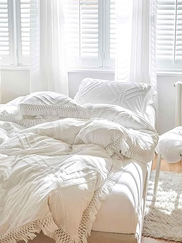 Miniatura 4 de Nanko Juego de edredón de tamaño Queen, color blanco, con borlas, estilo bohemio, geométrico, desgastado y elegante, de microfibra suave,