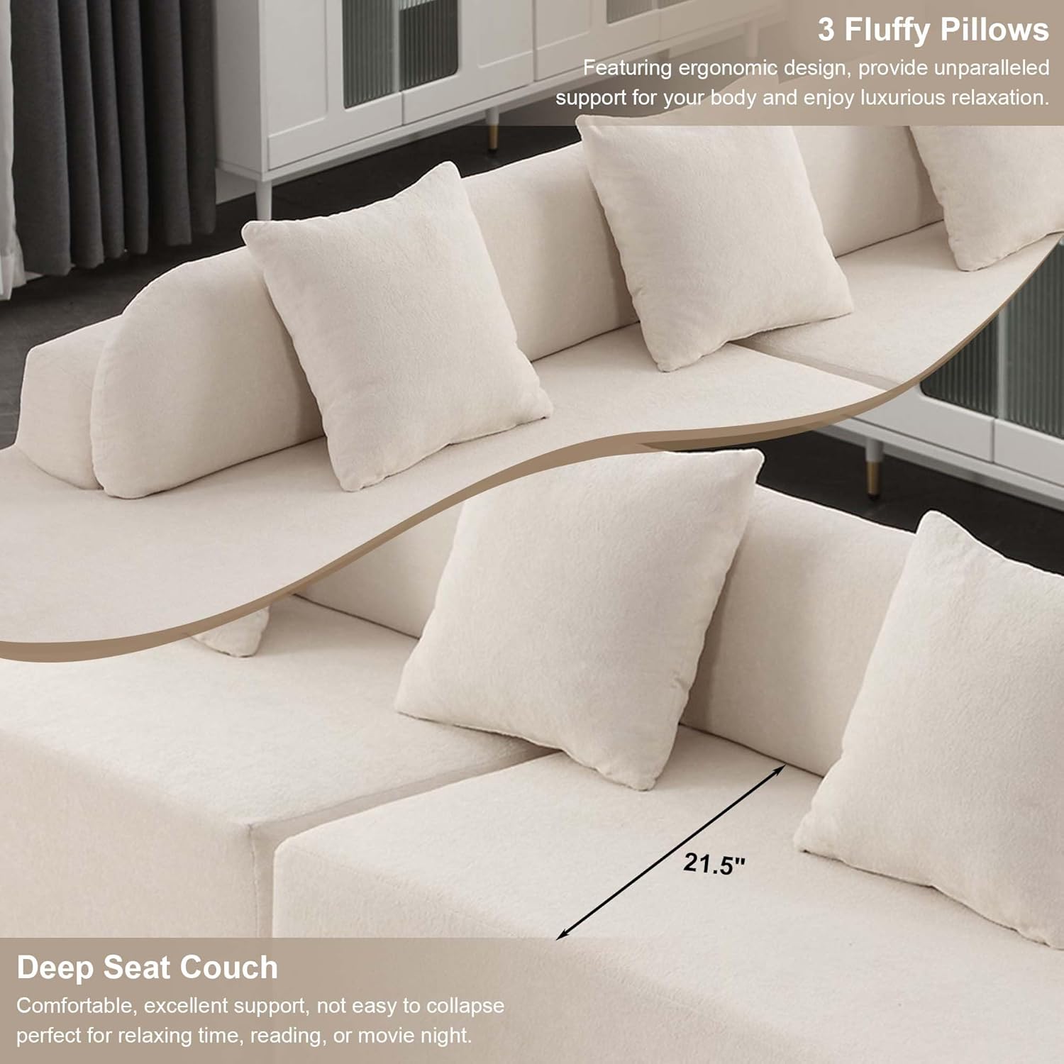 130.5" Curved Sectional Sofa for Living Room, 4-Seater Floor Boneless Foam Cloud Couch with 3 Pillows, Compression Couches for Apartment, No Assembly Required, Beige