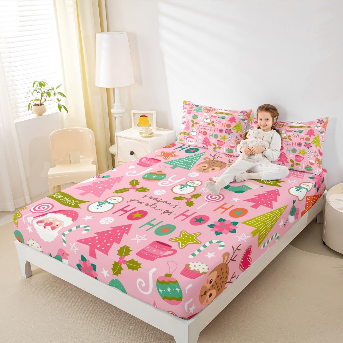 Erosebridal Pink Christmas Fitted Sheet, Cartoon Santa Claus Bedding Set Twin for Kids Boys Girls Women, Snowman Pine Bed Sheets Christmas Tree Cute