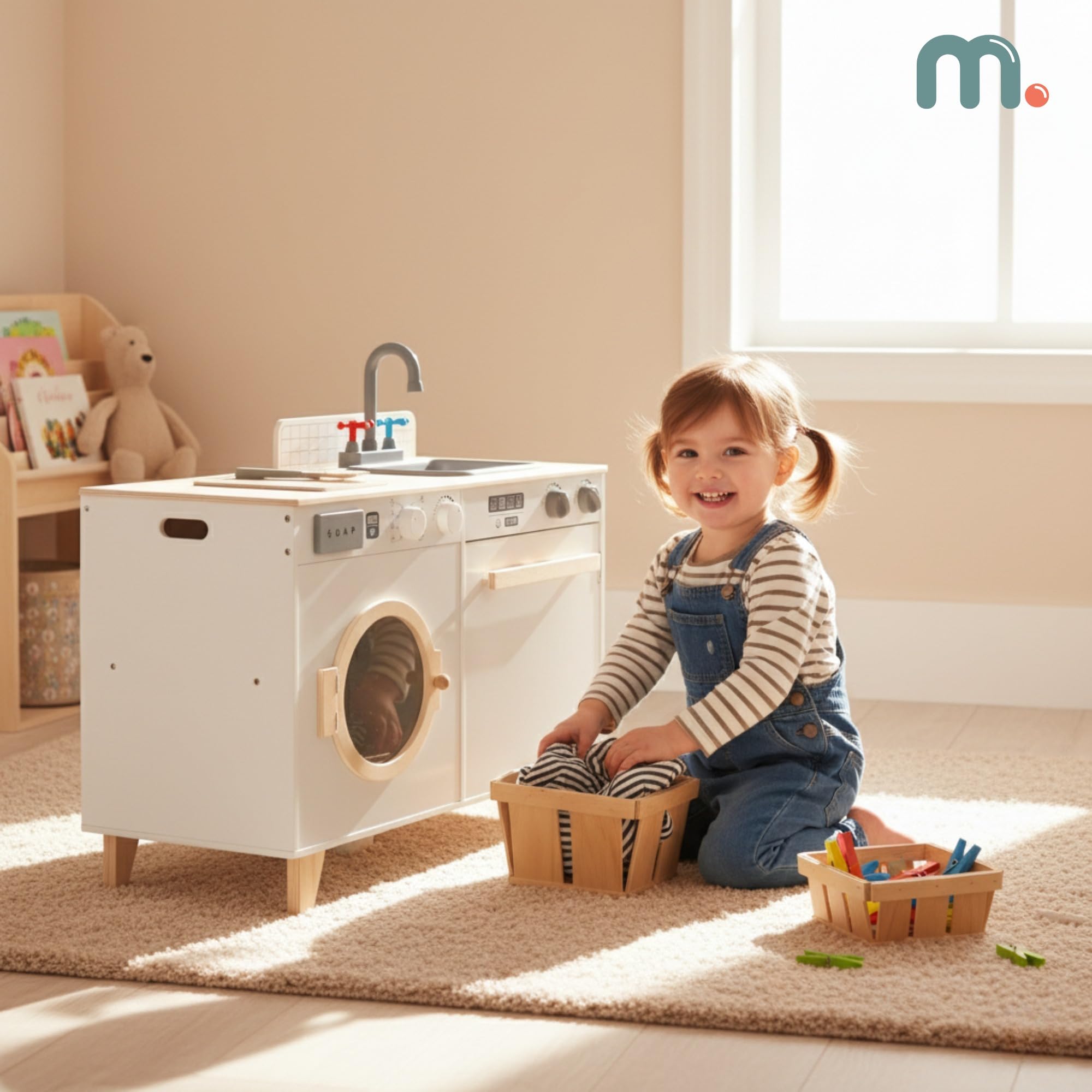 Mamabrum Holz Kinderküche & Waschmaschine – 2 in 1 Set mit Spüle, Waschmaschine und Zubehör für kreatives Rollenspiel