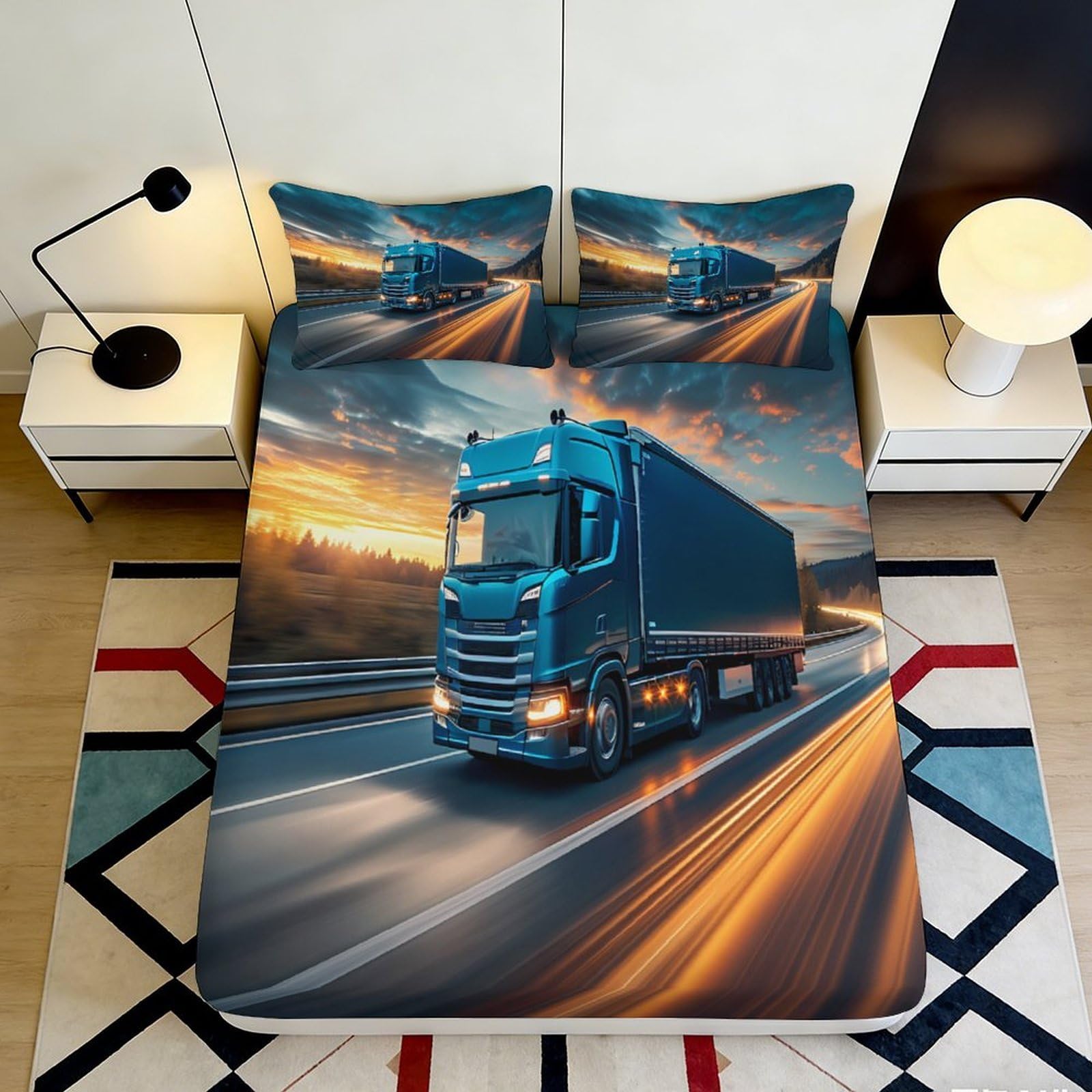 3D Printed Blue Truck Fitted Sheet Microfiber Soft Anti-Slip Road Night Mattress Cover for Bedroom Guest Room Decor 90x200x25cm