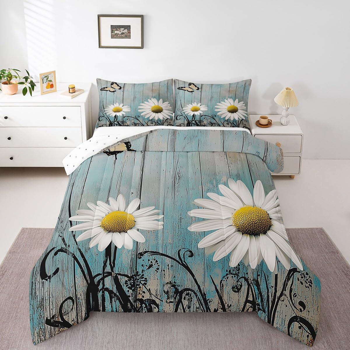 Erosebridal Daisy Comforter Set Queen Size, Rustic Down Comforter Floral Barnwood Bedding Set Old Wooden Garage Door American Country Farm Style Bedding Comforters with 2 Pillow Cases, 3Pcs